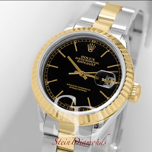 Rolex Lady Two-Tone Datejust Fluted Bezel Custom Black Index Dial on Oyster Band 26mm