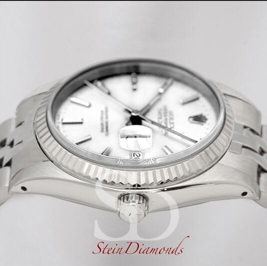 Pre Owned Rolex Steel Datejust Fluted Bezel Custom White Index Dial on Jubilee Band 36mm