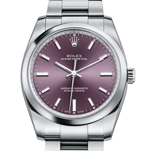 Rolex Pre-Owned Oyster Perpetual Stainless Steel Red Grape Dial on Oyster [COMPLETE SET] 34mm