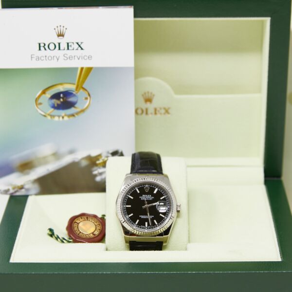 Rolex Pre Owned Datejust White Gold Black Stick Dial on Black Leather Strap 36mm Discontinued Model