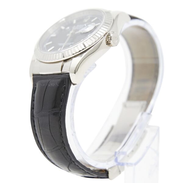 Rolex Pre Owned Datejust White Gold Black Stick Dial on Black Leather Strap 36mm Discontinued Model