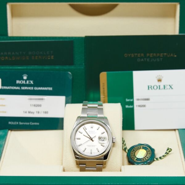 Rolex Pre Owned Datejust Steel Silver Stick Dial on Oyster 36mm Box and Card 2019
