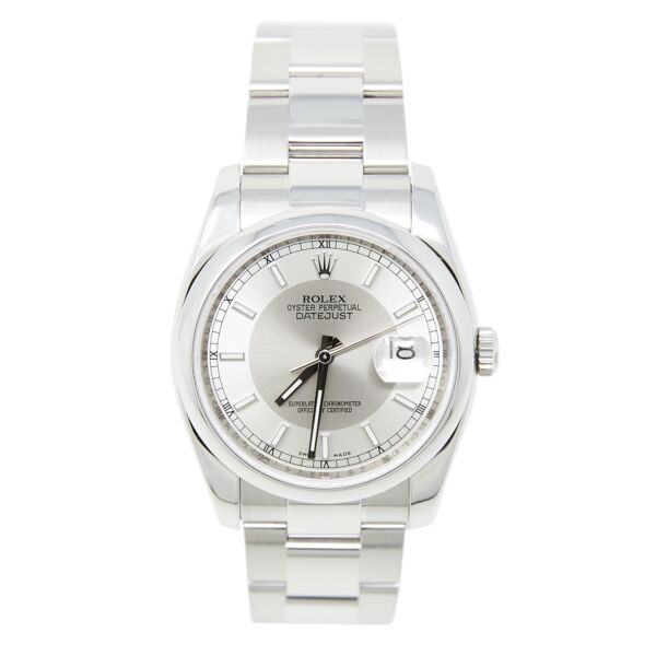 Rolex Pre Owned Datejust Steel Silver and Steel Tuxedo Stick Dial on Oyster 36mm With Box and Card