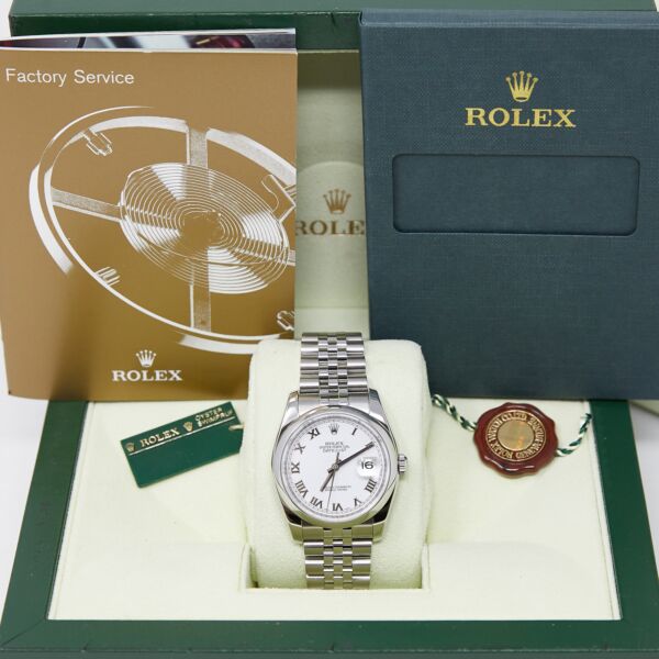 Rolex Pre Owned Datejust Steel White Roman Dial on Jubilee 36mm with Box