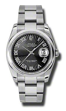 Rolex Pre Owned Datejust Steel Black Sunbeam Roman Dial on Oyster 36mm