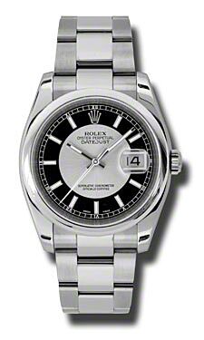 Rolex Pre Owned Datejust Steel Silver and Black Stick Dial on Oyster 36mm
