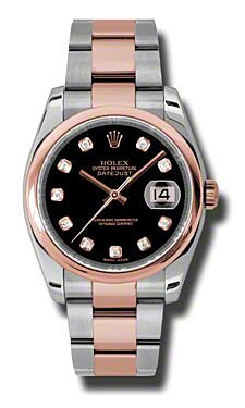 Rolex Pre Owned Datejust Steel and Rose Gold Custom Black Diamond Dial on Oyster 36mm