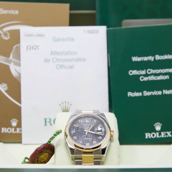 Rolex Pre Owned Datejust Steel and Yellow Gold Black Jubilee Arabic Dial on Oyster 36mm Box and Papers