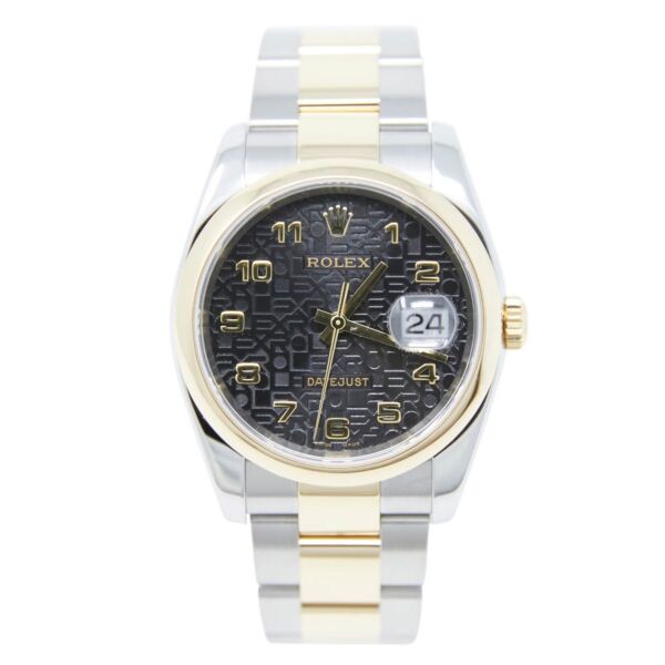 Rolex Pre Owned Datejust Steel and Yellow Gold Black Jubilee Arabic Dial on Oyster 36mm Box and Papers