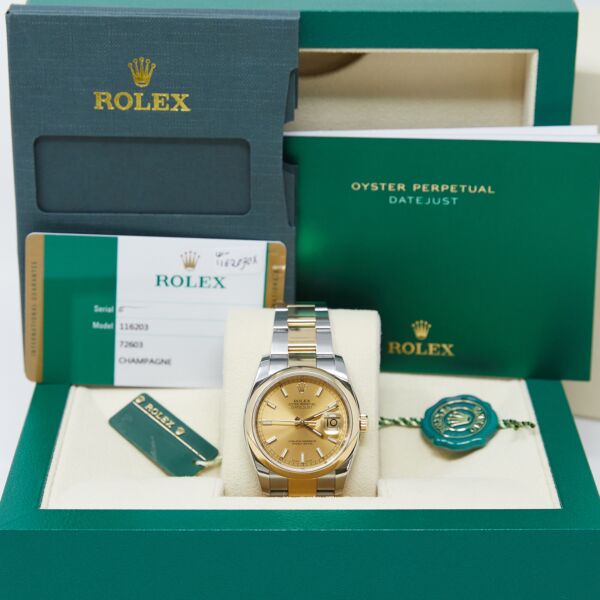 Rolex Pre Owned Datejust Steel and Yellow Gold Champagne Stick Dial on Oyster 36mm Complete 2018/2019