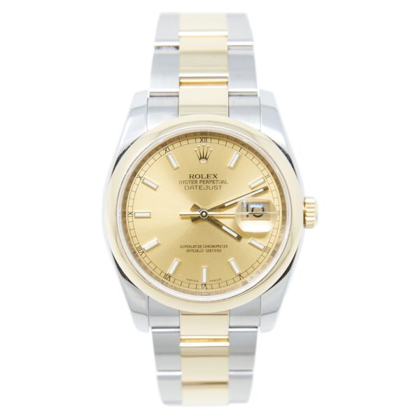 Rolex Pre Owned Datejust Steel and Yellow Gold Champagne Stick Dial on Oyster 36mm Complete 2018/2019
