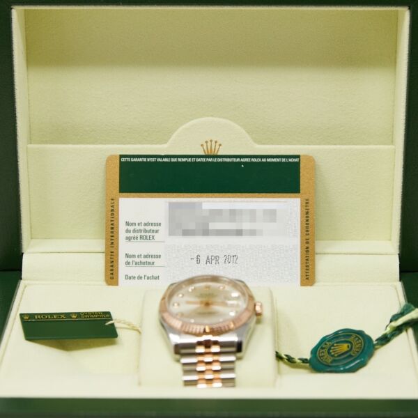 Rolex Pre Owned Datejust Steel and Rose Gold Factory Silver Diamond Dial on Jubilee 36mm Complete Set Box and Papers