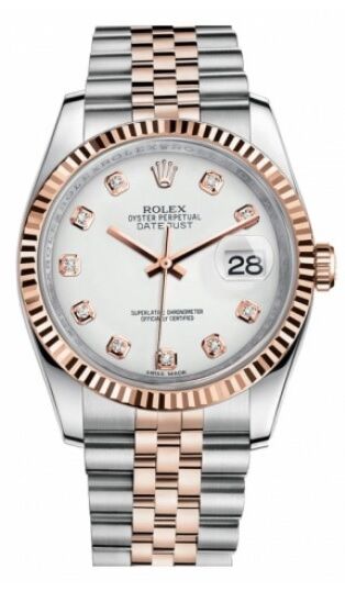 Rolex Pre Owned Datejust Steel and Rose Gold Custom White Diamond Dial on Jubilee 36mm