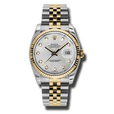 Rolex Pre Owned Datejust Steel and Yellow Gold Custom Silver Diamond Dial on Jubilee 36mm