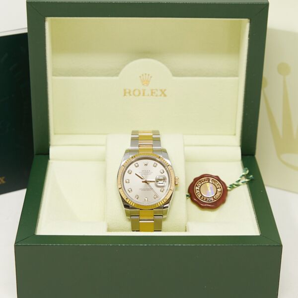 Rolex Pre Owned Datejust Steel and Yellow Gold Factory Silver Diamond Dial on Oyster 36mm Scrambled Series