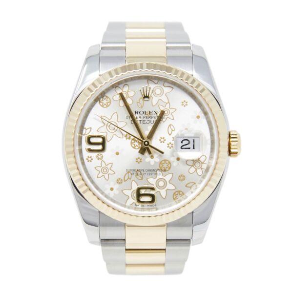 Rolex Pre Owned Datejust Steel and Yellow Gold Silver Floral Arabic Dial on Oyster 36mm Mint