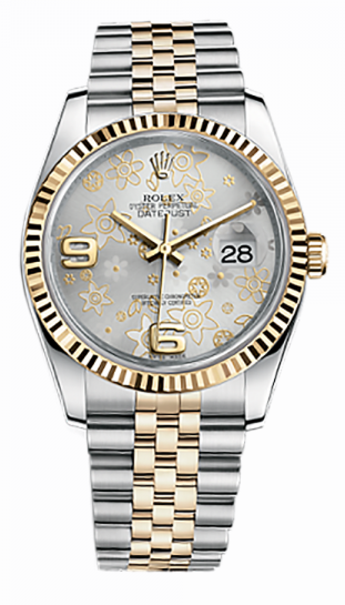 Rolex Pre Owned Datejust Steel and Yellow Gold Silver Floral Arabic Dial on Jubilee 36mm