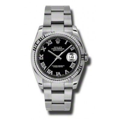 Rolex Pre Owned Datejust Steel and White Gold Black Roman Dial on Oyster 36mm