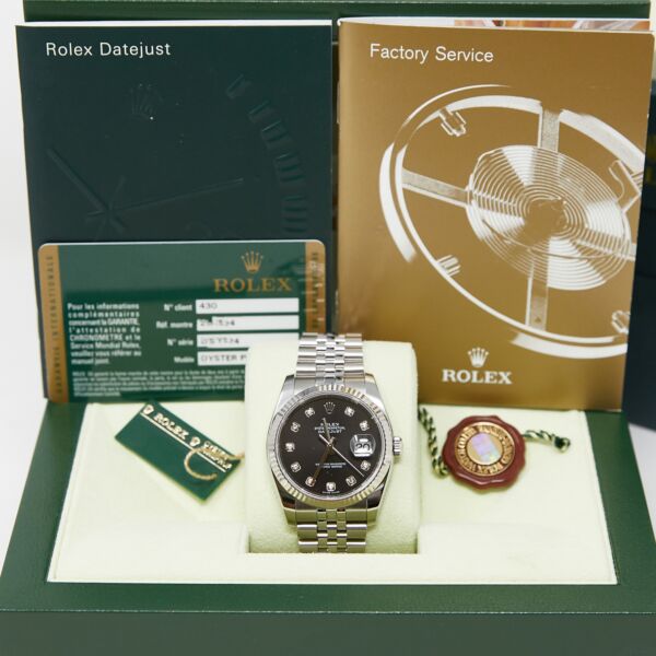 Rolex Pre Owned Datejust Steel and White Gold Factory Black Diamond Dial on Jubilee 36mm with Box and card