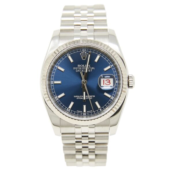 Rolex Pre Owned Datejust Steel and White Gold Blue Stick Dial on Jubilee 36mm Box and Papers 2015
