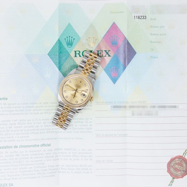Rolex Pre-Owned Datejust 36 Steel + Yellow Gold Champagne Diamond Dial on Jubilee Bracelet [COMPLETE SET]