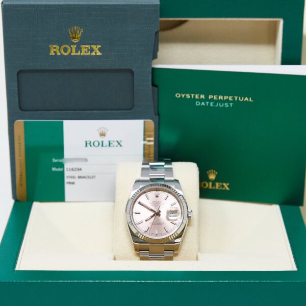 Rolex Pre Owned Datejust Steel and White Gold Pink Stick Dial on Oyster 36mm Complete Set 2018/2019