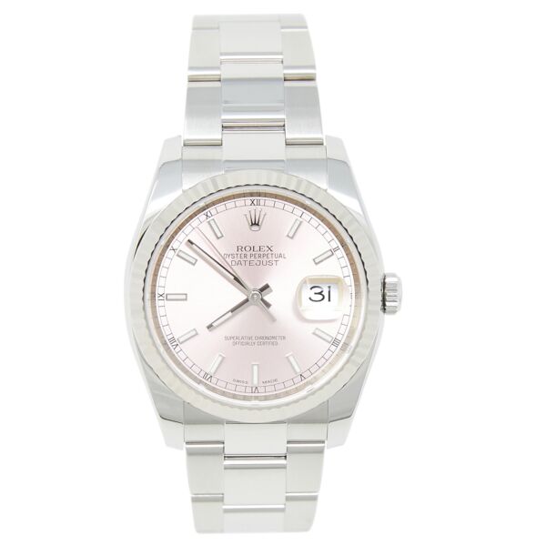 Rolex Pre Owned Datejust Steel and White Gold Pink Stick Dial on Oyster 36mm Complete Set 2018/2019