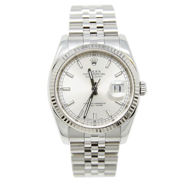 Rolex Pre Owned Datejust Steel and White Gold Silver Stick Dial on Jubilee Bracelet 36mm Box and Papers