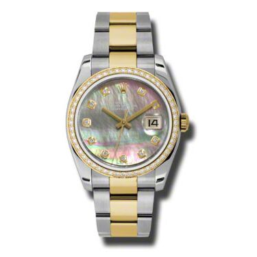 Rolex Pre Owned Datejust Steel and Yellow Gold Custom Dark Mother of Pearl Diamond Dial on Oyster 36mm