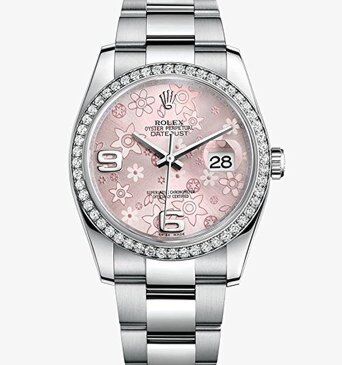 Rolex Pre Owned Datejust Steel and White Gold Custom Diamond Bezel Pink Floral Arabic Dial on Oyster 36mm