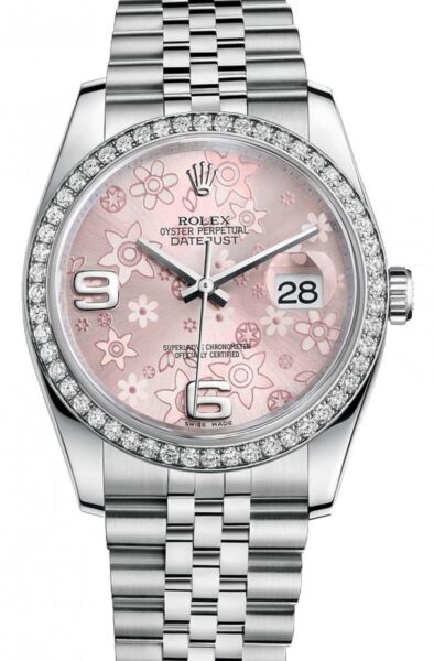Rolex Pre Owned Datejust Steel and White Gold Custom Diamond Bezel Pink Floral Arabic Dial on Jubilee 36mm
