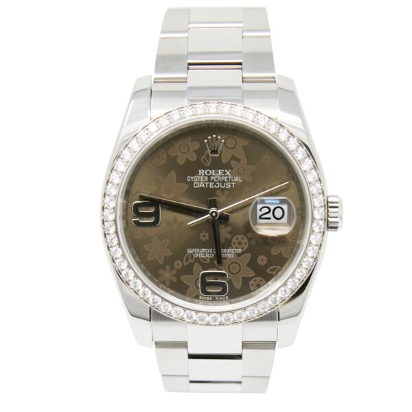 Rolex New Style Pre Owned Datejust Steel and White Gold Diamond Bezel Bronze Floral Arabic Dial on Oyster 36mm