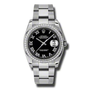 Rolex Pre Owned Datejust Steel and White Gold Custom Diamond Bezel Black Roman Dial on Oyster 36mm