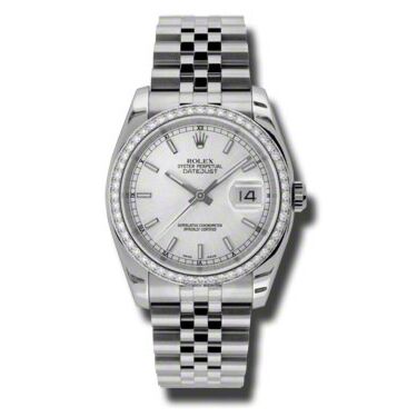 Rolex Pre Owned Datejust Steel and White Gold Custom Diamond Bezel Silver Stick Dial on Jubilee 36mm