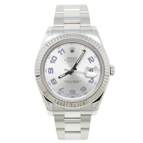 Rolex Pre Owned Datejust II Steel and White Gold Silver Dial with Blue Arabic Numerals on Oyster 41mm Box and Ppaers