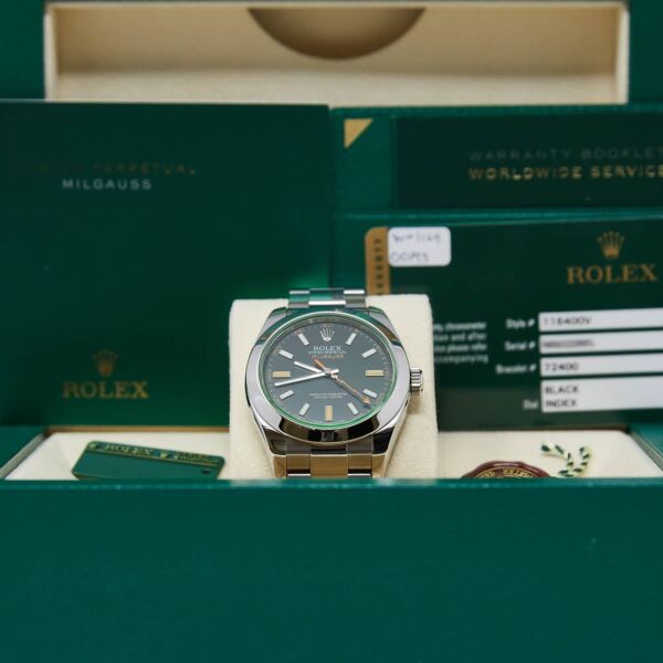Rolex Pre Owned Milgauss Steel Black Dial Green Crystal on Oyster 40mm Box and Papers