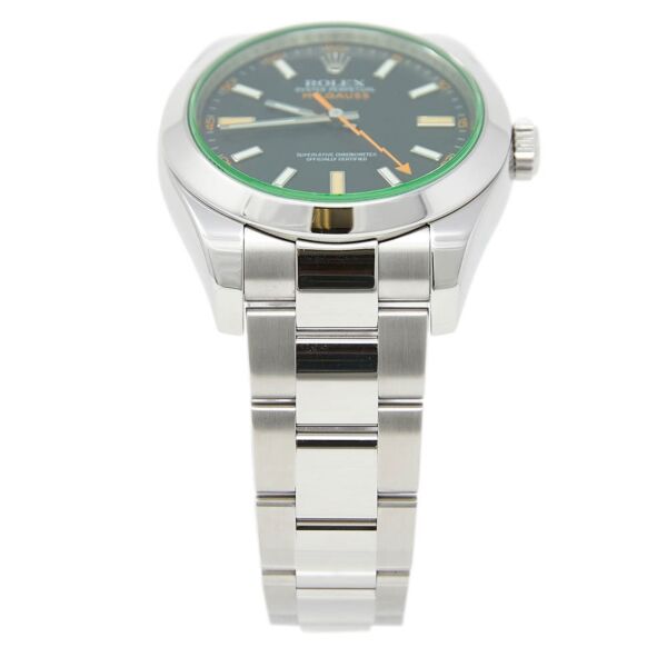 Rolex Pre Owned Milgauss Steel Black Dial Green Crystal on Oyster 40mm Box and Papers