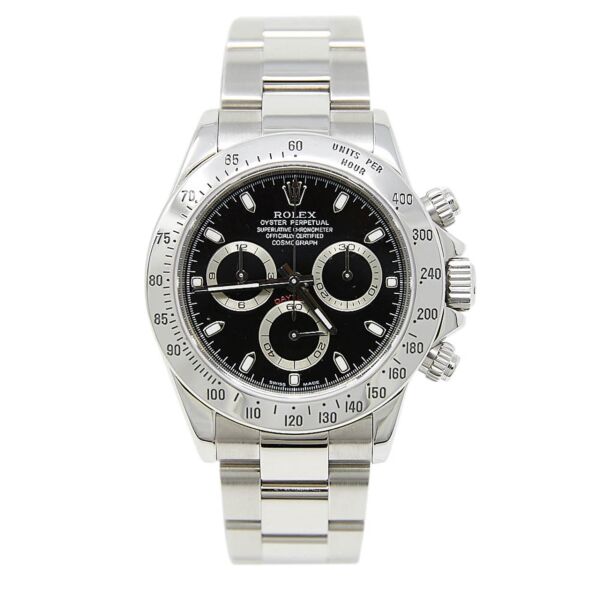 Rolex Pre Owned Daytona Stainless Steel Black Dial on Oyster 40mm Box and Papers