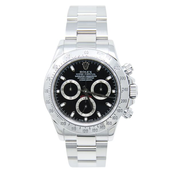 Pre Owned Rolex Daytona Stainless Steel Black Dial on Oyster on Oyster 40mm Complete Box and Card
