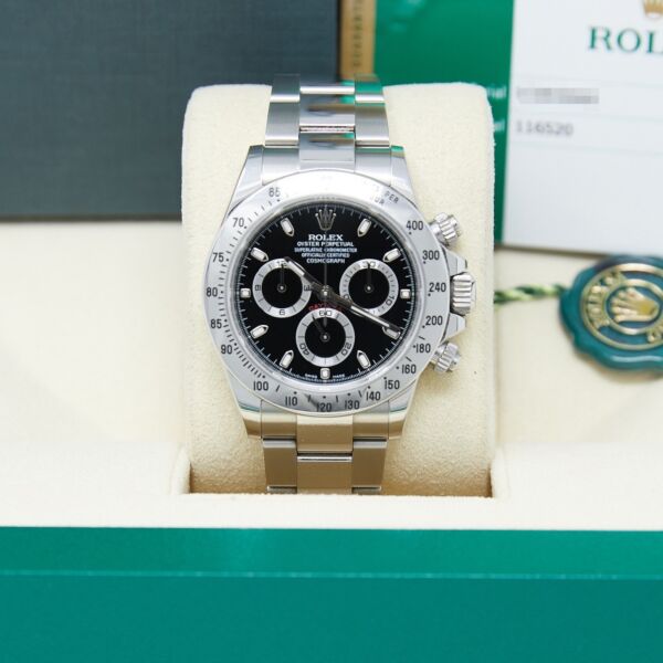 Rolex Pre-Owned Daytona Stainless Steel Tachymeter Engraved Bezel Black Dial on Oyster Bracelet [Box and Card] 40mm