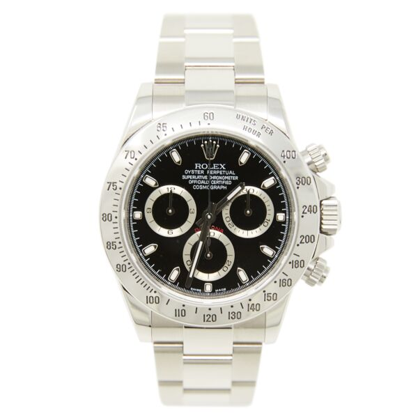 Pre Owned Daytona Discontinued Stainless Steel Black Dial on Oyster 40mm Box and Card Single Owner