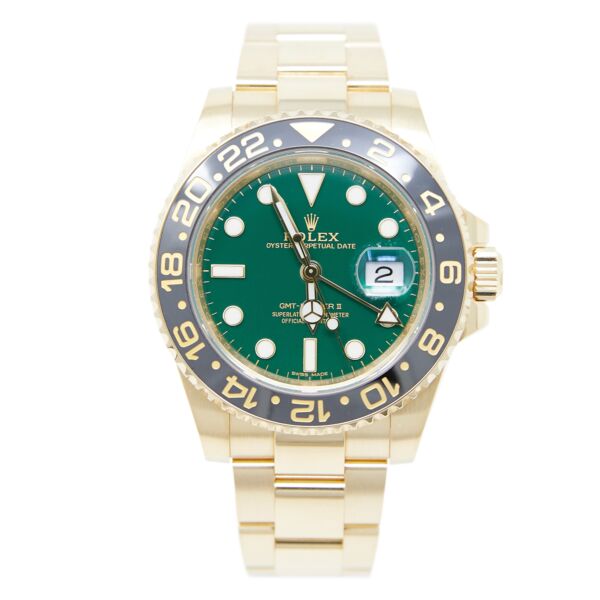 Rolex Pre-Owned GMT-Master II 18K Yellow Gold Green Dial on Oyster Bracelet [COMPLETE SET] 40mm
