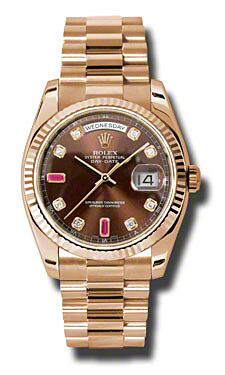 Rolex Pre Owned Day-Date President Rose Gold Custom Chocolate Diamond and Ruby Dial 36mm