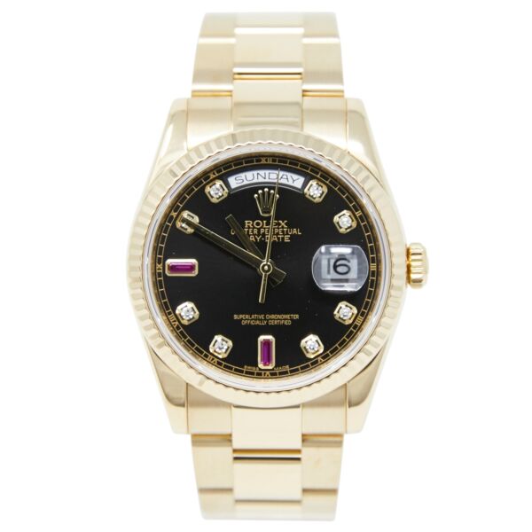 Rolex New Style Pre Owned Day-Date President Yellow Gold Factory Black Diamond and Ruby Dial 36mm MINT