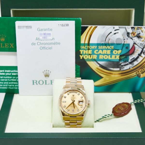 Pre Owned Rolex Day-Date President Yellow Gold Factory Champagne Diamond Dial 36mm Complete Box and Papers
