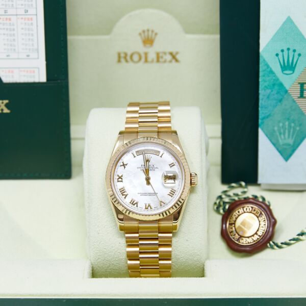 Rolex Pre-Owned Day-Date Yellow Gold Custom MOP Roman Dial [BOX & PAPERS] 36mm