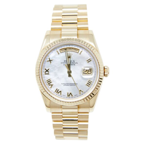 Rolex Pre-Owned Day-Date Yellow Gold Custom MOP Roman Dial [BOX & PAPERS] 36mm