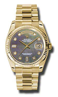 Rolex Pre Owned Day-Date President Yellow Gold Custom Dark Mother of Pearl Diamond Dial 36mm