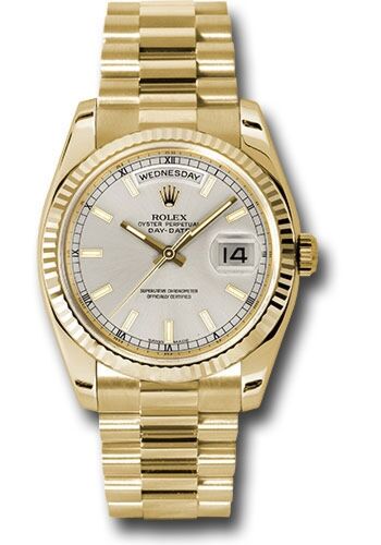 Rolex Pre Owned Day-Date President Yellow Gold Fluted Bezel Silver Stick Dial President Bracelet 36mm