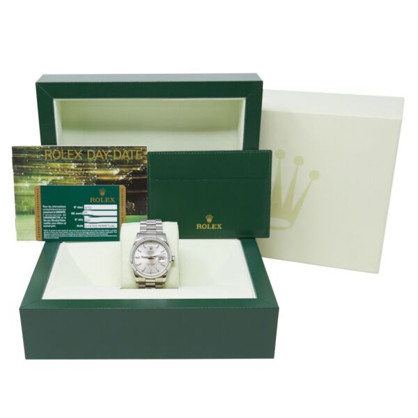 Rolex Pre-Owned Day-Date 36 White Gold Silver Dial on Presidential Bracelet [COMPLETE SET]